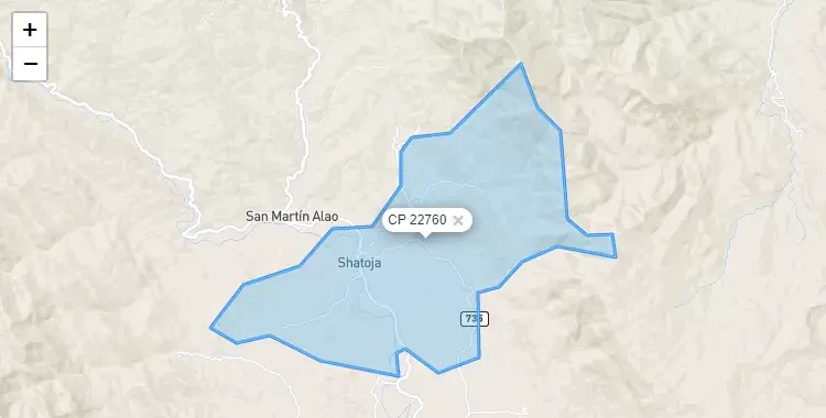 Mapa de la zona del código postal 22760 en Shatoja, San Martín