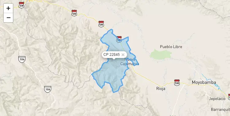 Mapa de la zona del código postal 22845 en Nueva Cajamarca, San Martín