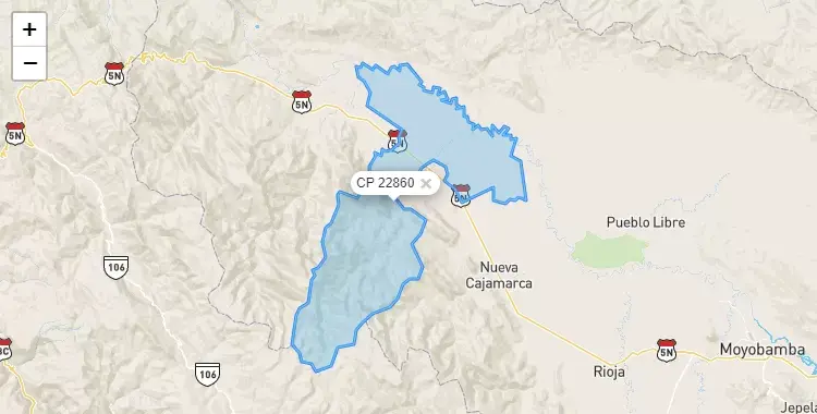 Mapa de la zona del código postal 22860 en Awajun, San Martín