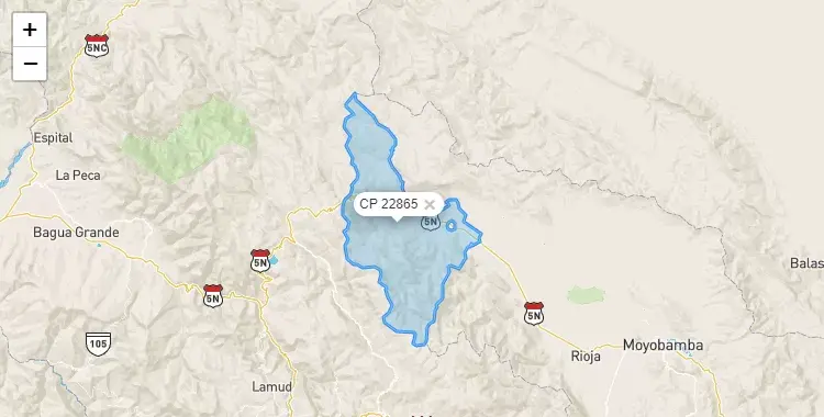 Mapa de la zona del código postal 22865 en Pardo Miguel, San Martín