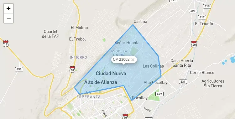 Mapa de la zona del código postal 23002 en Alto de la Alianza, Tacna