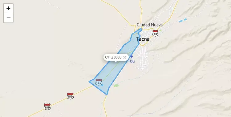 Mapa de la zona del código postal 23006 en Alto de la Alianza, Tacna