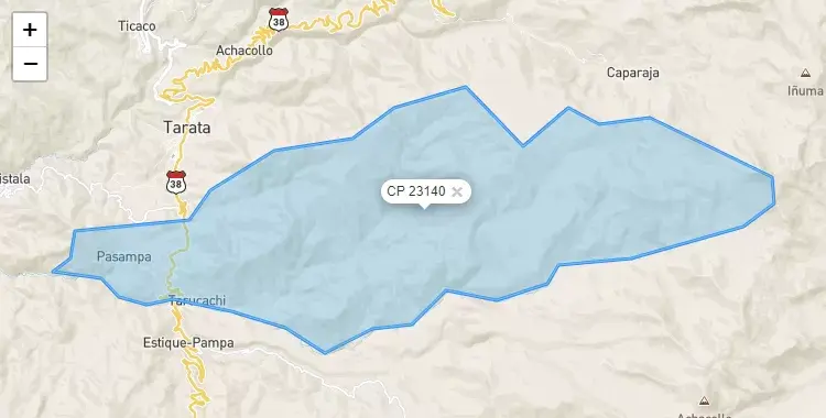 Mapa de la zona del código postal 23140 en Tarucachi, Tacna