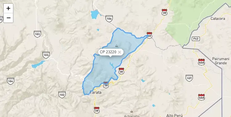 Mapa de la zona del código postal 23220 en Ticaco, Tacna