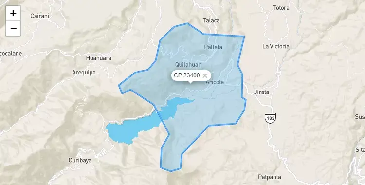 Mapa de la zona del código postal 23400 en Quilahuani, Tacna
