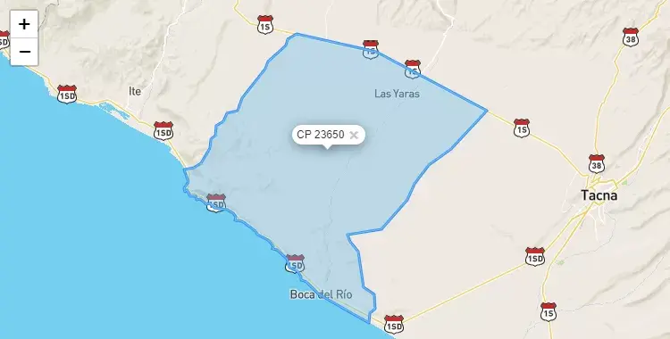 Mapa de la zona del código postal 23650 en Sama, Tacna