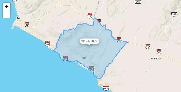 Mapa de la zona del código postal 23700 en Ite, Tacna