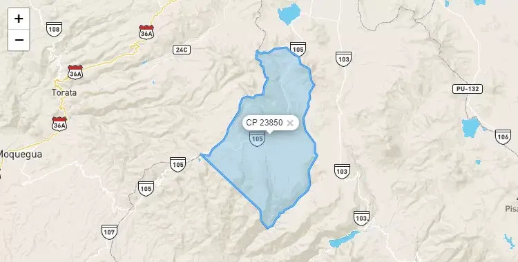 Mapa de la zona del código postal 23850 en Camilaca, Tacna