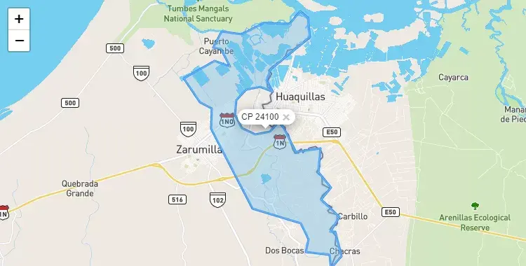 Mapa de la zona del código postal 24100 en Aguas Verdes, Tumbes