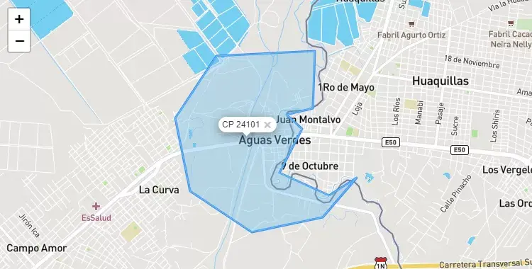 Mapa de la zona del código postal 24101 en Aguas Verdes, Tumbes