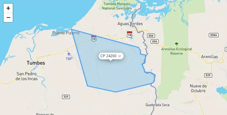 Mapa de la zona del código postal 24200 en Papayal, Tumbes