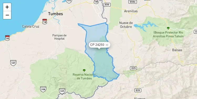 Mapa de la zona del código postal 24250 en Matapalo, Tumbes