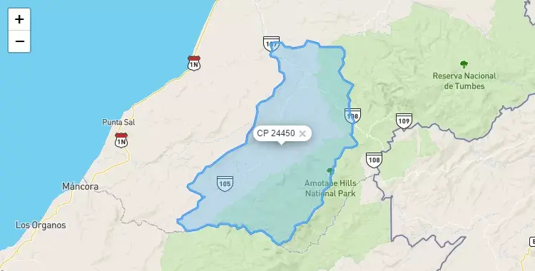 Mapa de la zona del código postal 24450 en Casitas, Tumbes
