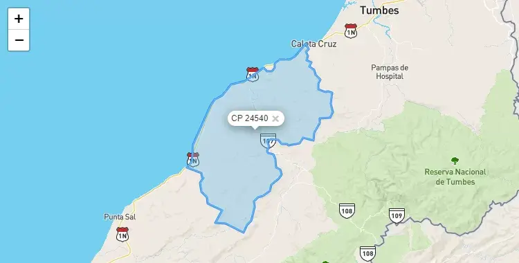 Mapa de la zona del código postal 24540 en Zorritos, Tumbes