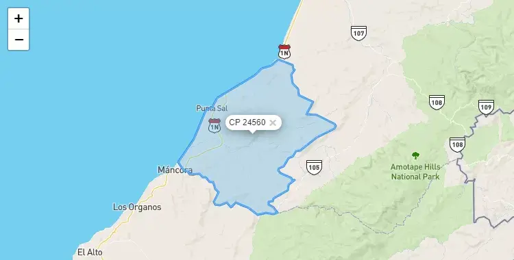 Mapa de Canoas de Punta Sal, capital de la provincia de Contralmirante Villar, Tumbes