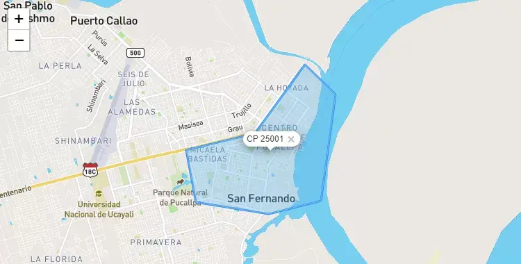 Mapa de la zona del código postal 25001 en Manantay, Ucayali