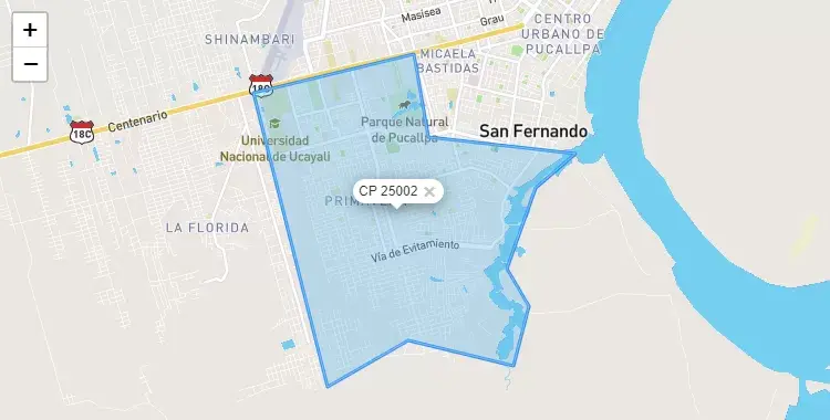 Mapa de la zona del código postal 25002 en Callería, Ucayali