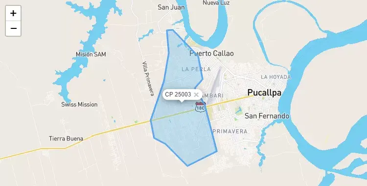 Mapa de la zona del código postal 25003 en Callería, Ucayali
