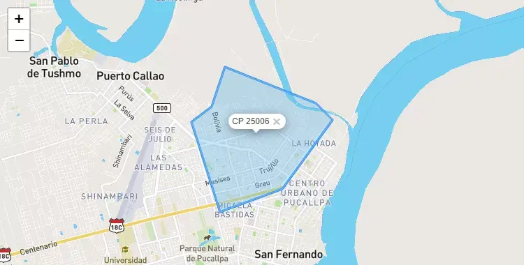 Mapa de la zona del código postal 25006 en Yarinacocha, Ucayali