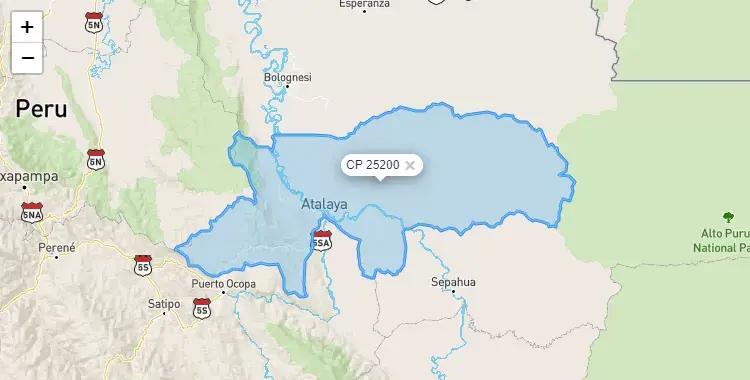 Mapa de Raymondi, capital de la provincia de Atalaya, Ucayali