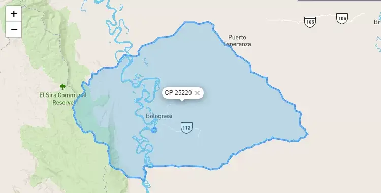 Mapa de la zona del código postal 25220 en Tahuania, Ucayali