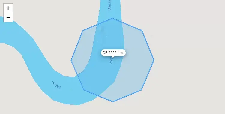 Mapa de la zona del código postal 25221 en Tahuania, Ucayali