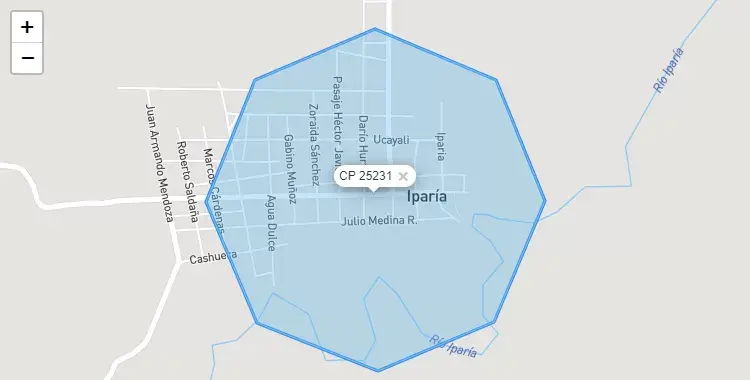 Mapa de la zona del código postal 25231 en Iparía, Ucayali