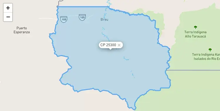 Mapa de la zona del código postal 25300 en Yurua, Ucayali