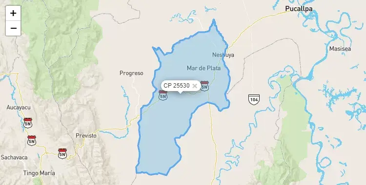 Mapa de la zona del código postal 25530 en Irazola, Ucayali