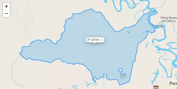 Mapa de la zona del código postal 25700 en Nueva Requena, Ucayali